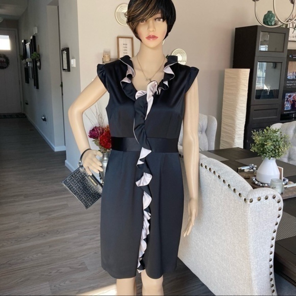 💋BCBG ruffle collar black taupe formal midi dress 👗 10